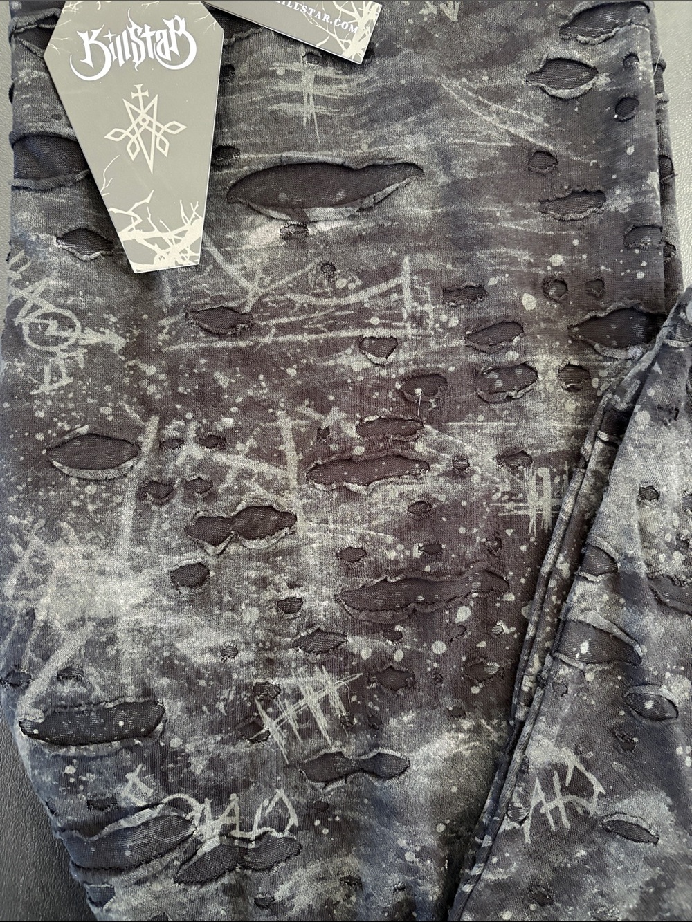 V - #KS313 - NWT Killstar Black and Gray Distressed Leggings 3XL - Picture 3 of 5